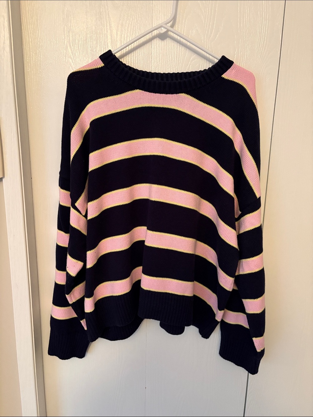 GAP Factory Navy & Pink Striped Crewneck Sweater